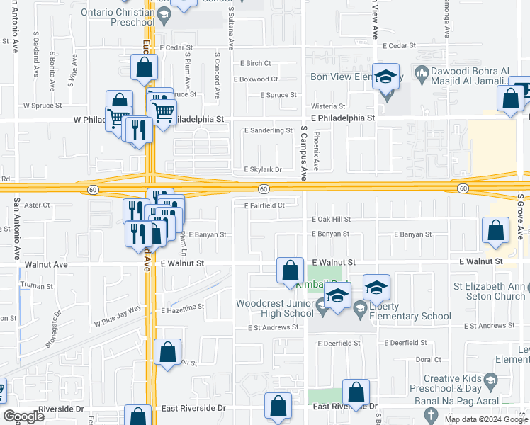 map of restaurants, bars, coffee shops, grocery stores, and more near 2442 Miramonte Avenue South in Ontario