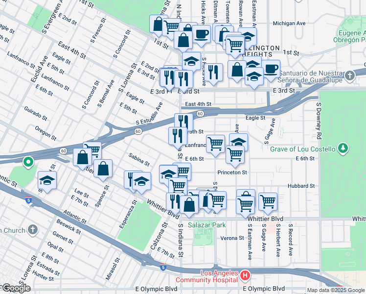 map of restaurants, bars, coffee shops, grocery stores, and more near 540 South Indiana Street in Los Angeles