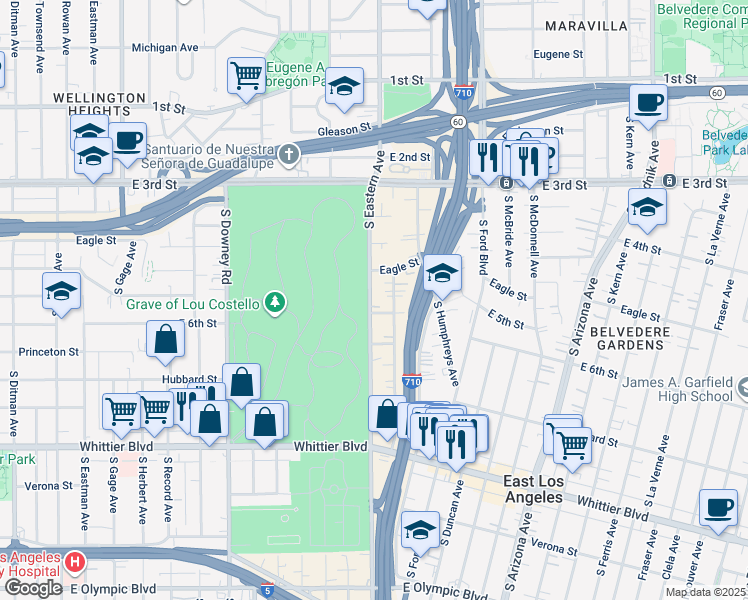 map of restaurants, bars, coffee shops, grocery stores, and more near 474 South Eastern Avenue in East Los Angeles