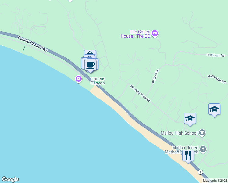 map of restaurants, bars, coffee shops, grocery stores, and more near 6453 Guernsey Avenue in Malibu