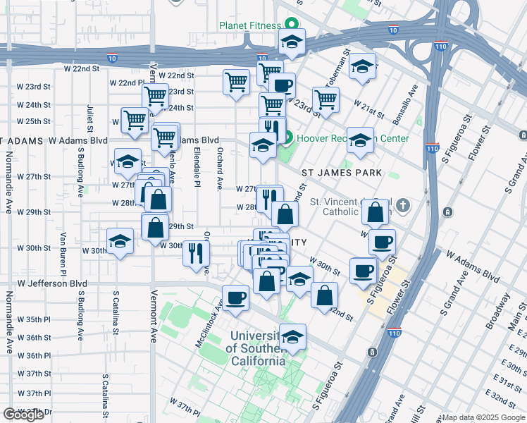 map of restaurants, bars, coffee shops, grocery stores, and more near 1126 West 28th Street in Los Angeles