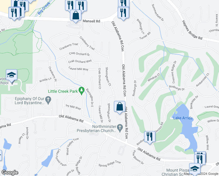 map of restaurants, bars, coffee shops, grocery stores, and more near 410 Sheringham Court in Roswell