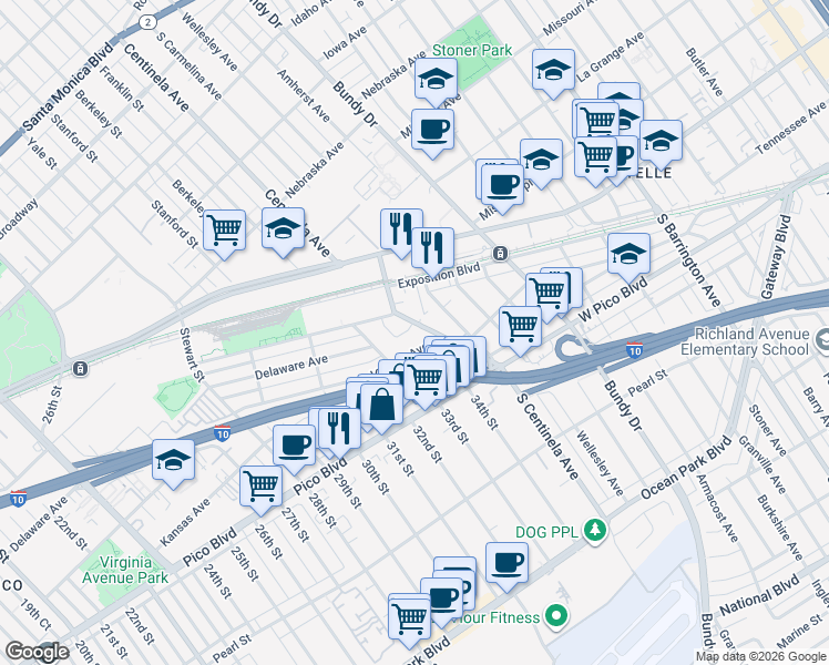 map of restaurants, bars, coffee shops, grocery stores, and more near 3344 Delaware Avenue in Santa Monica