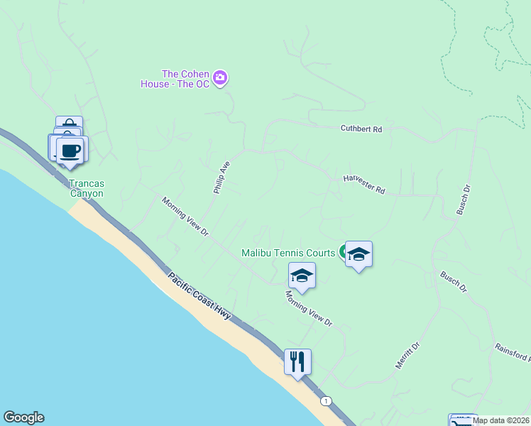 map of restaurants, bars, coffee shops, grocery stores, and more near 5878 Deerhead Road in Malibu