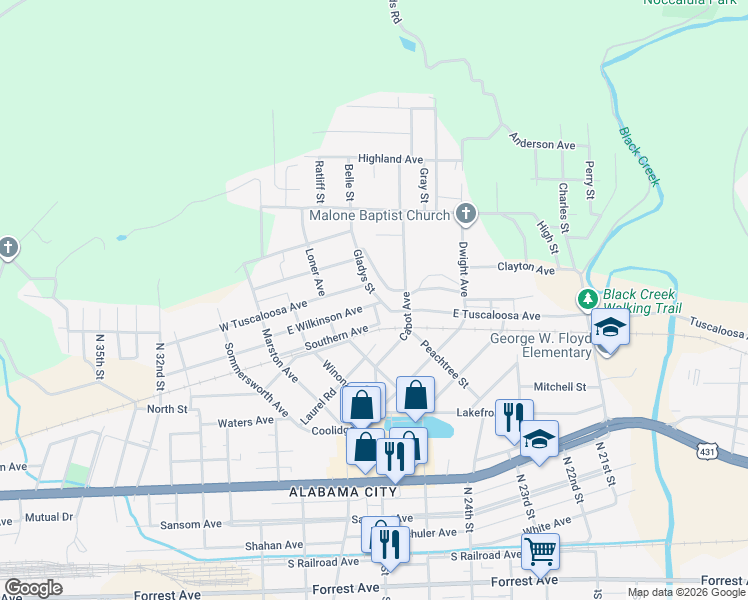 map of restaurants, bars, coffee shops, grocery stores, and more near 4 East Wilkinson Avenue in Gadsden