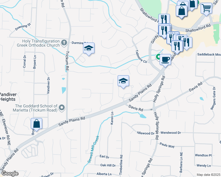 map of restaurants, bars, coffee shops, grocery stores, and more near 3240 Plains Way in Marietta