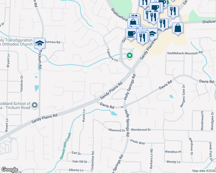 map of restaurants, bars, coffee shops, grocery stores, and more near 3231 Sandy Plains Road in Marietta