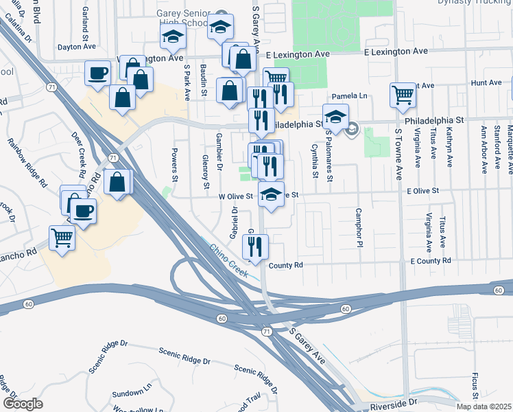 map of restaurants, bars, coffee shops, grocery stores, and more near 117 Owens Lane in Pomona