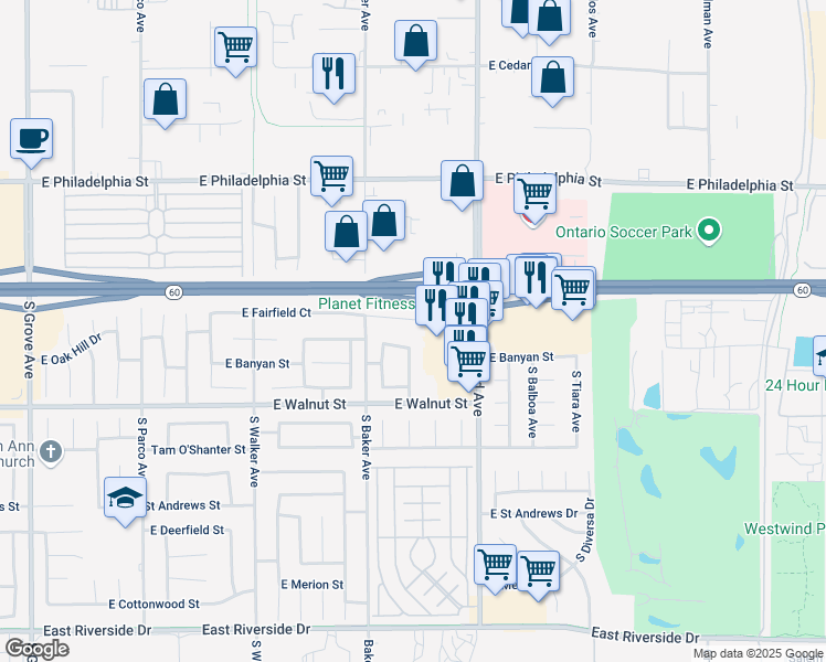 map of restaurants, bars, coffee shops, grocery stores, and more near 1744 East Fairfield Court in Ontario
