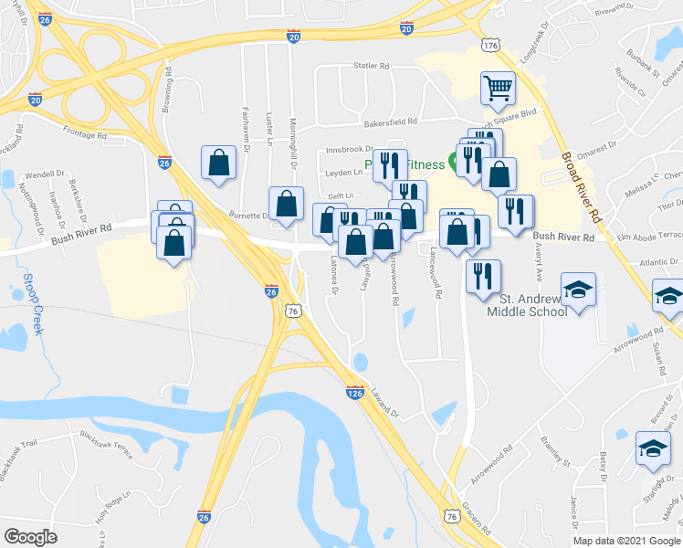 map of restaurants, bars, coffee shops, grocery stores, and more near 125 Latonea Drive in Columbia
