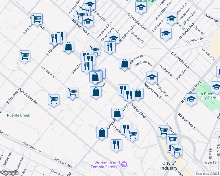map of restaurants, bars, coffee shops, grocery stores, and more near 15024 Valley Boulevard in La Puente