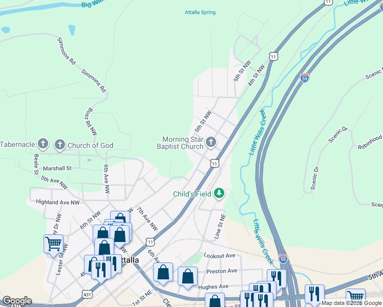 map of restaurants, bars, coffee shops, grocery stores, and more near 416 13th Avenue Northwest in Attalla