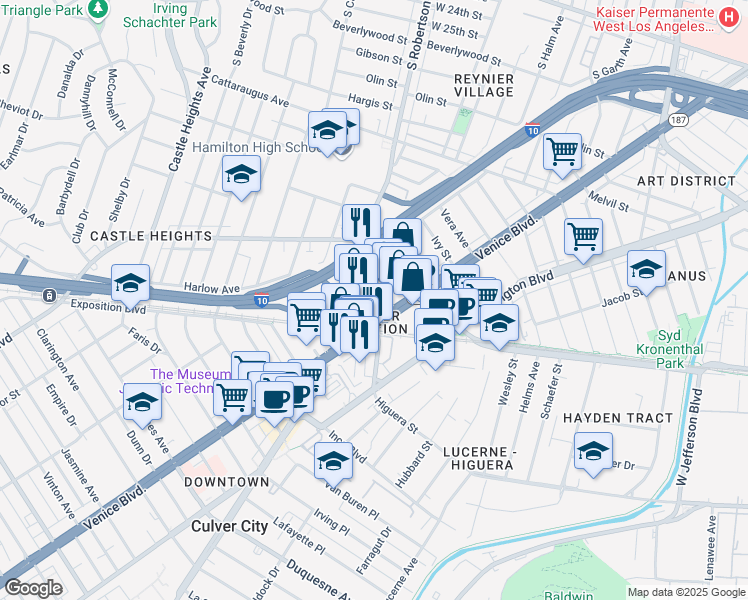 map of restaurants, bars, coffee shops, grocery stores, and more near in Los Angeles