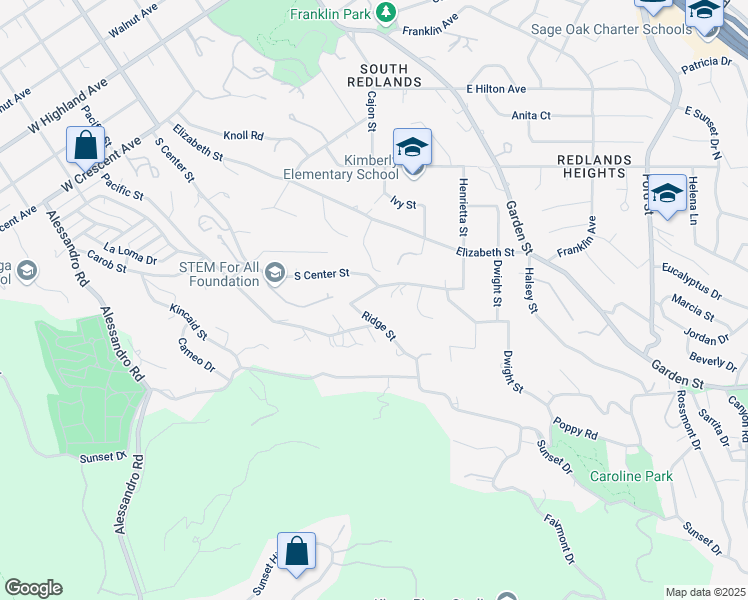 map of restaurants, bars, coffee shops, grocery stores, and more near 1501 Ridge Street in Redlands