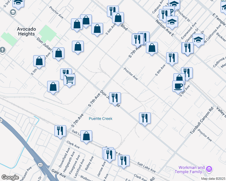 map of restaurants, bars, coffee shops, grocery stores, and more near 14641 Don Julian Road in City of Industry