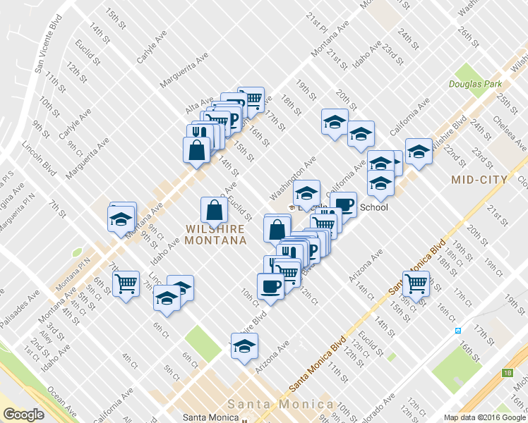 map of restaurants, bars, coffee shops, grocery stores, and more near 1002 14th Street in Santa Monica