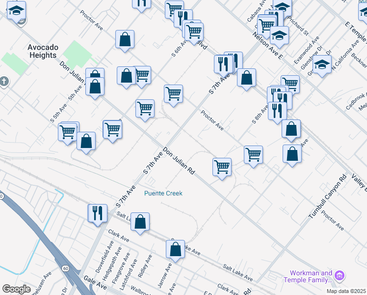 map of restaurants, bars, coffee shops, grocery stores, and more near 14641 Don Julian Road in City of Industry