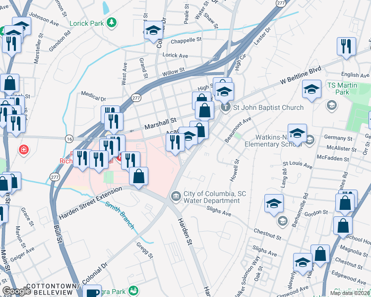 map of restaurants, bars, coffee shops, grocery stores, and more near 3100 Colonial Drive in Columbia
