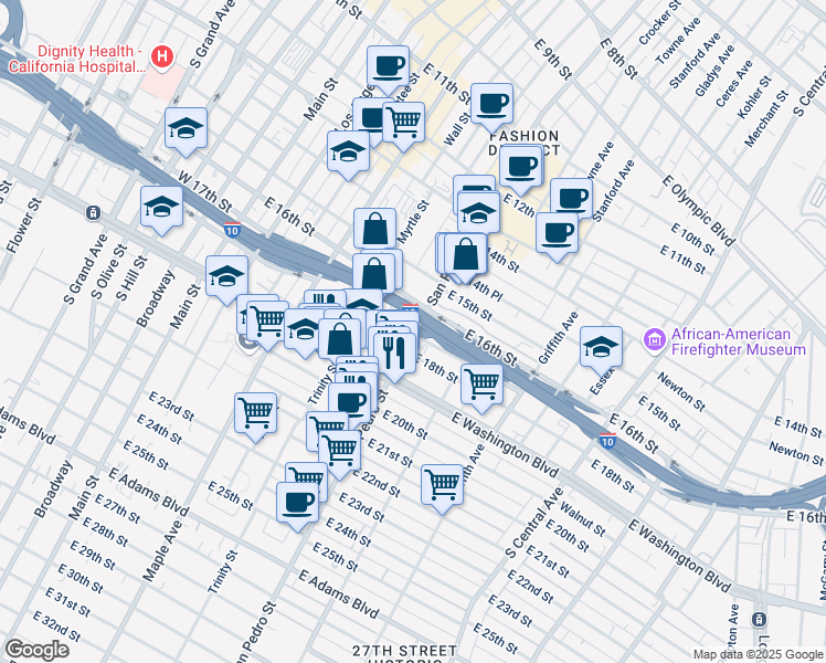 map of restaurants, bars, coffee shops, grocery stores, and more near 1629 San Pedro Street in Los Angeles