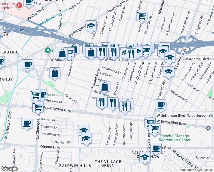 map of restaurants, bars, coffee shops, grocery stores, and more near 5411 Smiley Drive in Los Angeles