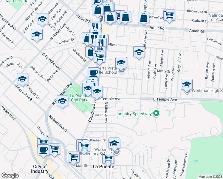 map of restaurants, bars, coffee shops, grocery stores, and more near 15816 Montana Avenue in La Puente