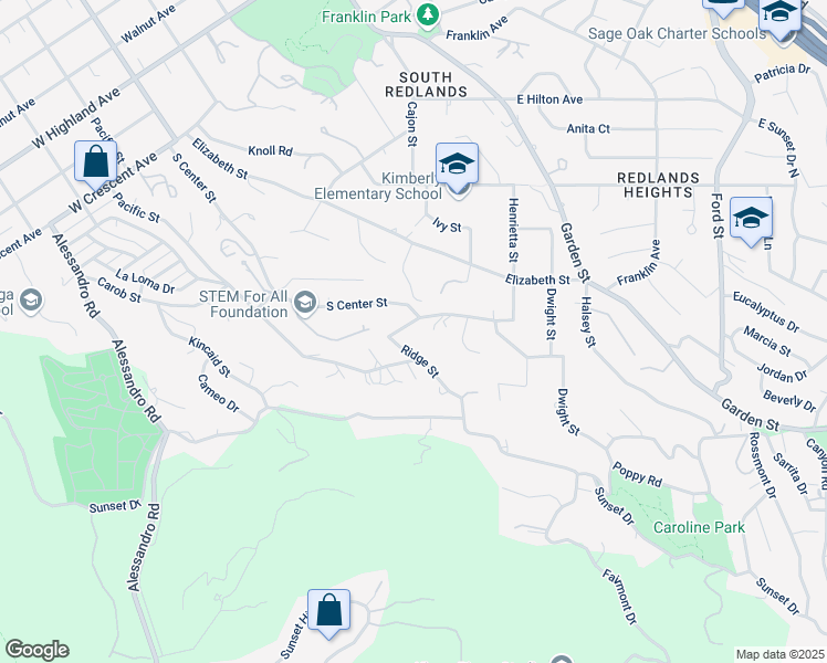 map of restaurants, bars, coffee shops, grocery stores, and more near 1501 Ridge Street in Redlands