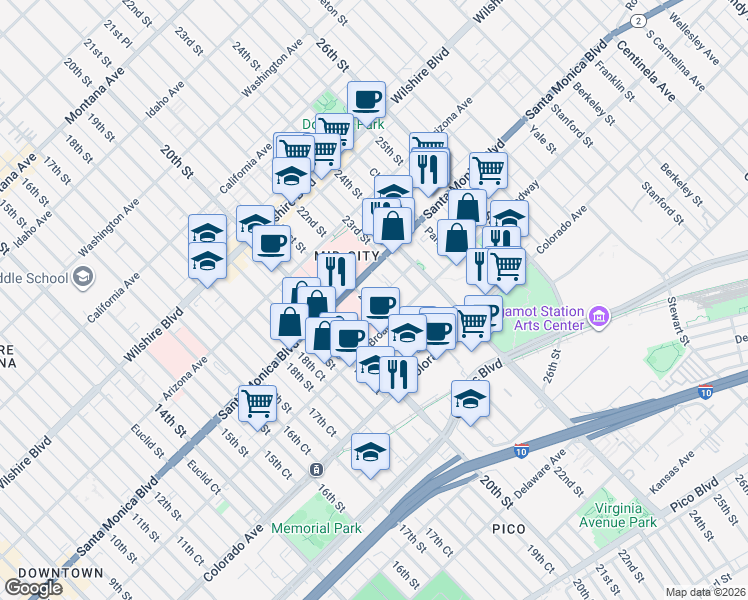 map of restaurants, bars, coffee shops, grocery stores, and more near 1427 21st Street in Santa Monica
