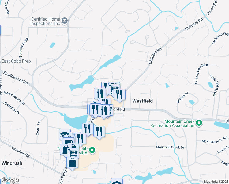 map of restaurants, bars, coffee shops, grocery stores, and more near 4414 Lake Chimney Place in Roswell