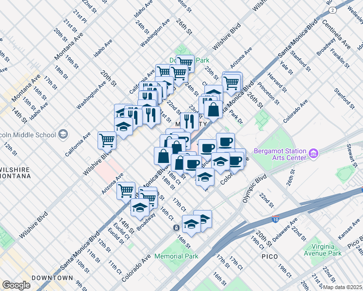 map of restaurants, bars, coffee shops, grocery stores, and more near 2001 Santa Monica Boulevard in Santa Monica