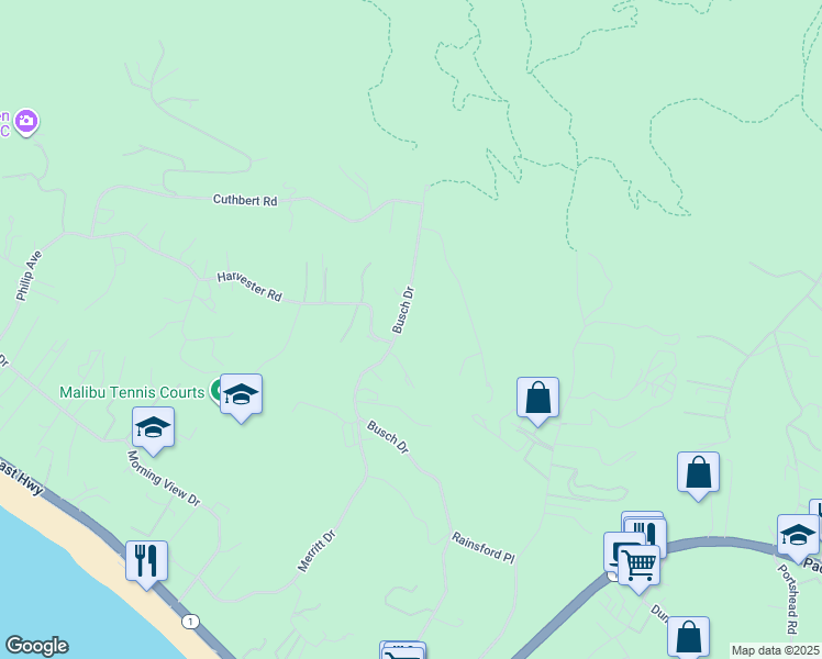 map of restaurants, bars, coffee shops, grocery stores, and more near 5770 Busch Drive in Malibu