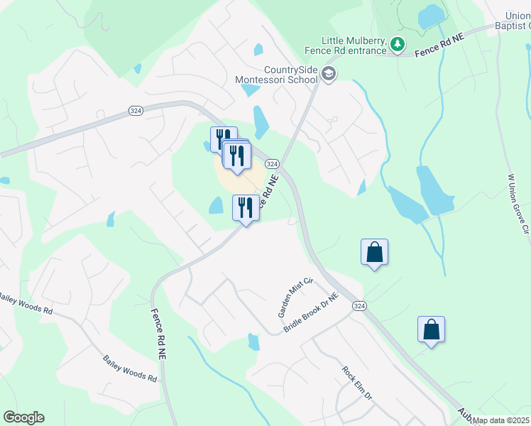 map of restaurants, bars, coffee shops, grocery stores, and more near 3436 Fence Road Northeast in Dacula