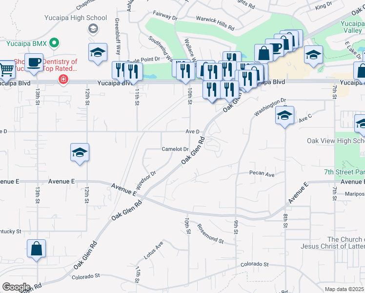 map of restaurants, bars, coffee shops, grocery stores, and more near 33288 Camelot Drive in Yucaipa