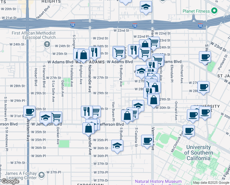 map of restaurants, bars, coffee shops, grocery stores, and more near 1588 West 29th Street in Los Angeles