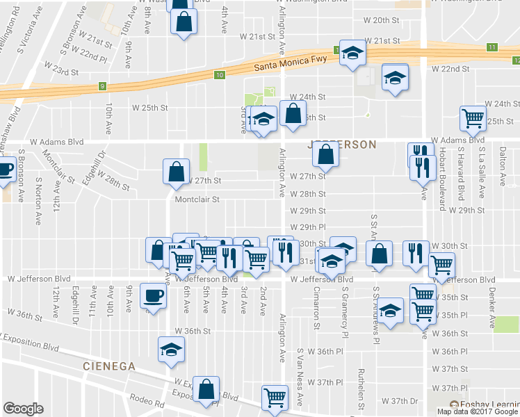 map of restaurants, bars, coffee shops, grocery stores, and more near 2900 2nd Avenue in Los Angeles