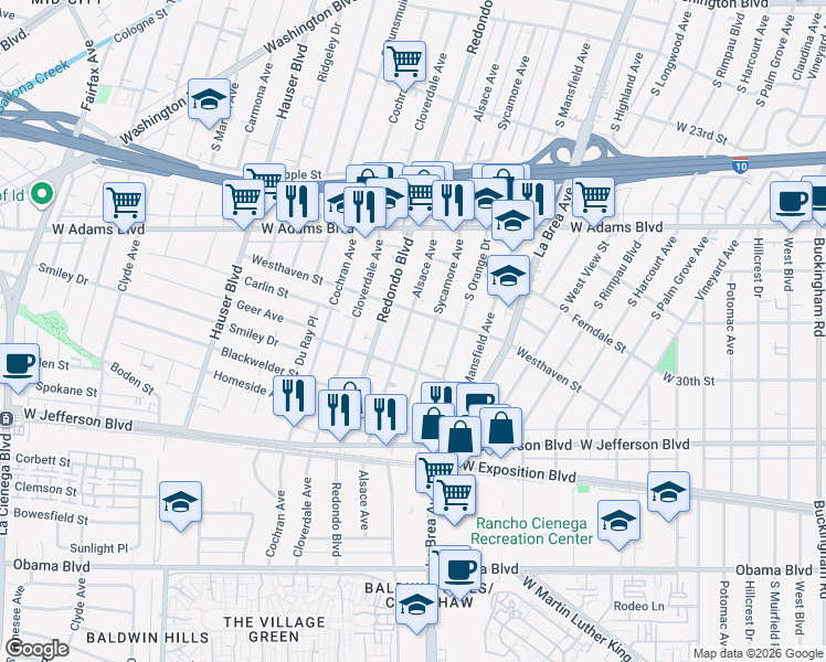 map of restaurants, bars, coffee shops, grocery stores, and more near 2823 South Sycamore Avenue in Los Angeles