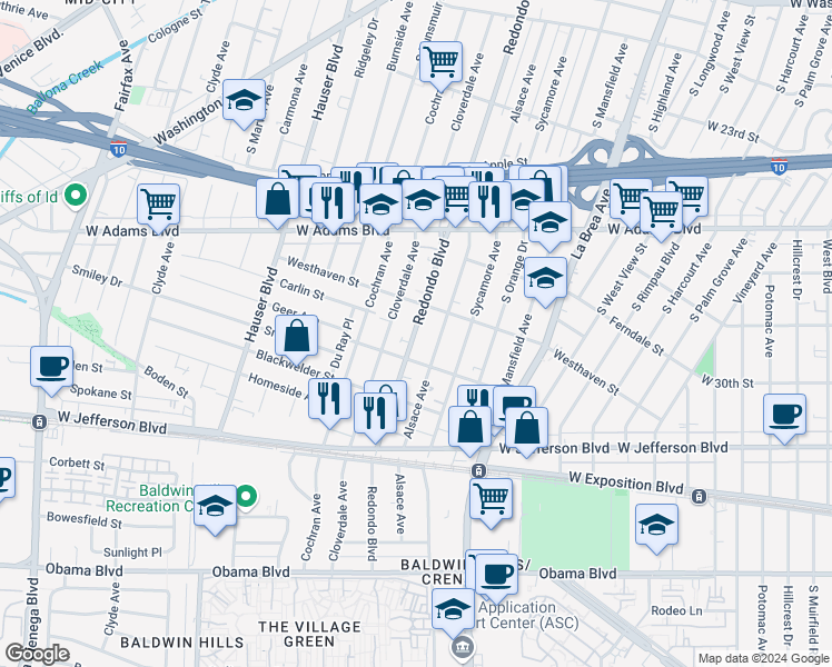 map of restaurants, bars, coffee shops, grocery stores, and more near 2738 South Redondo Boulevard in Los Angeles