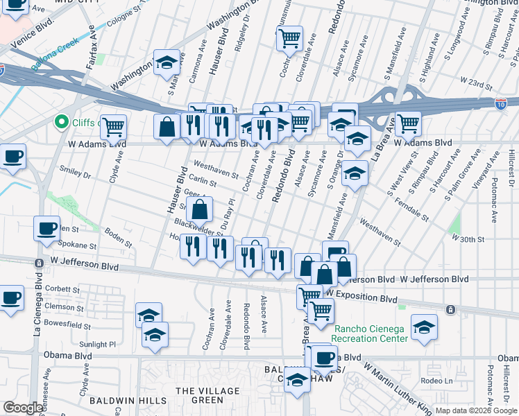 map of restaurants, bars, coffee shops, grocery stores, and more near 2751 South Cloverdale Avenue in Los Angeles