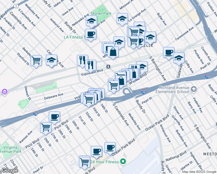 map of restaurants, bars, coffee shops, grocery stores, and more near 2304 South Carmelina Avenue in Los Angeles
