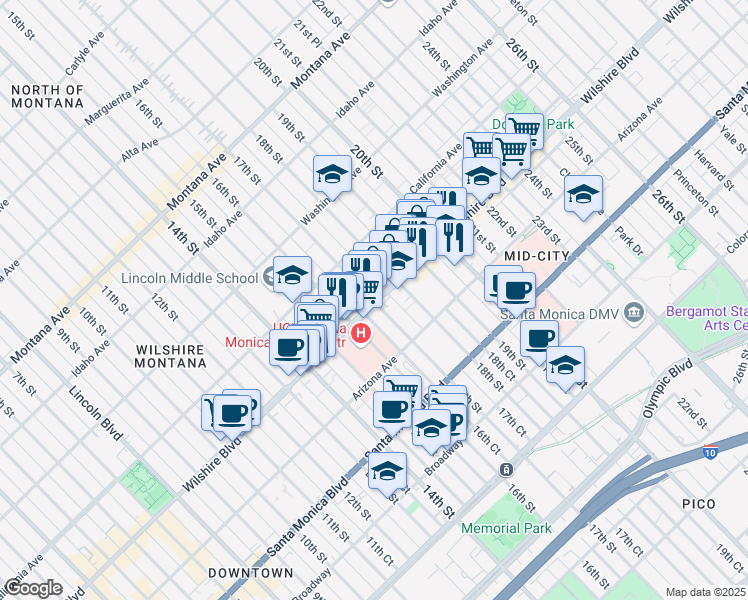 map of restaurants, bars, coffee shops, grocery stores, and more near 1621 Wilshire Boulevard in Santa Monica