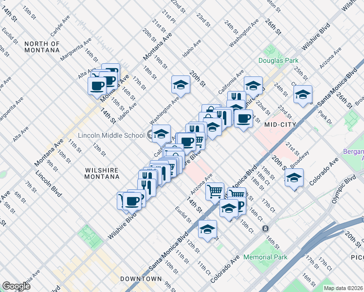 map of restaurants, bars, coffee shops, grocery stores, and more near 1128 16th Street in Santa Monica