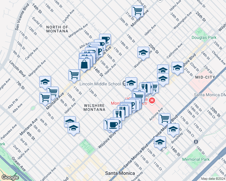map of restaurants, bars, coffee shops, grocery stores, and more near 1314 Washington Avenue in Santa Monica