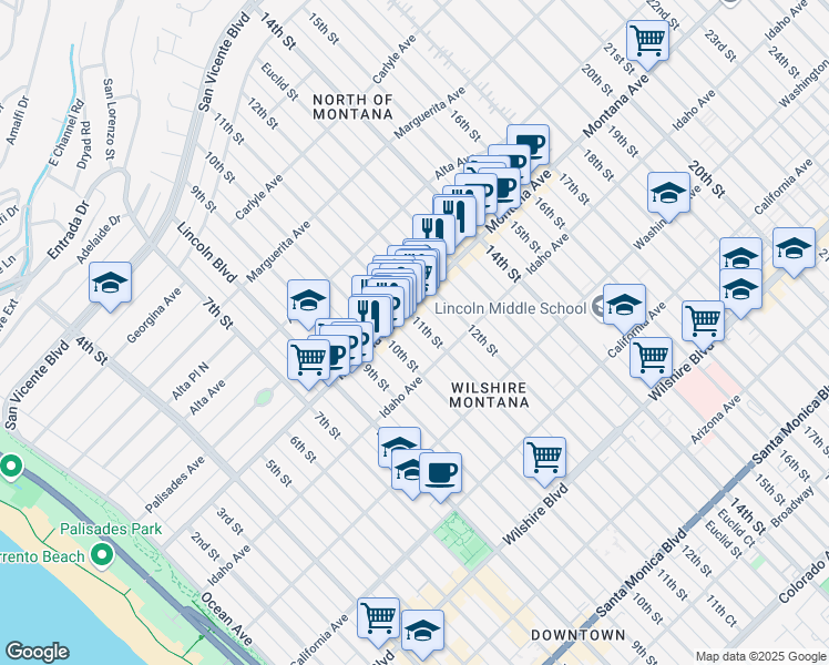 map of restaurants, bars, coffee shops, grocery stores, and more near 842 11th Street in Santa Monica