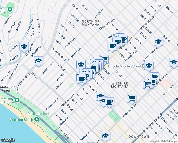 map of restaurants, bars, coffee shops, grocery stores, and more near in Santa Monica