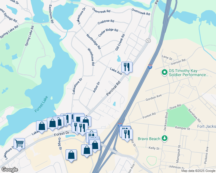 map of restaurants, bars, coffee shops, grocery stores, and more near 325 Percival Road in Columbia