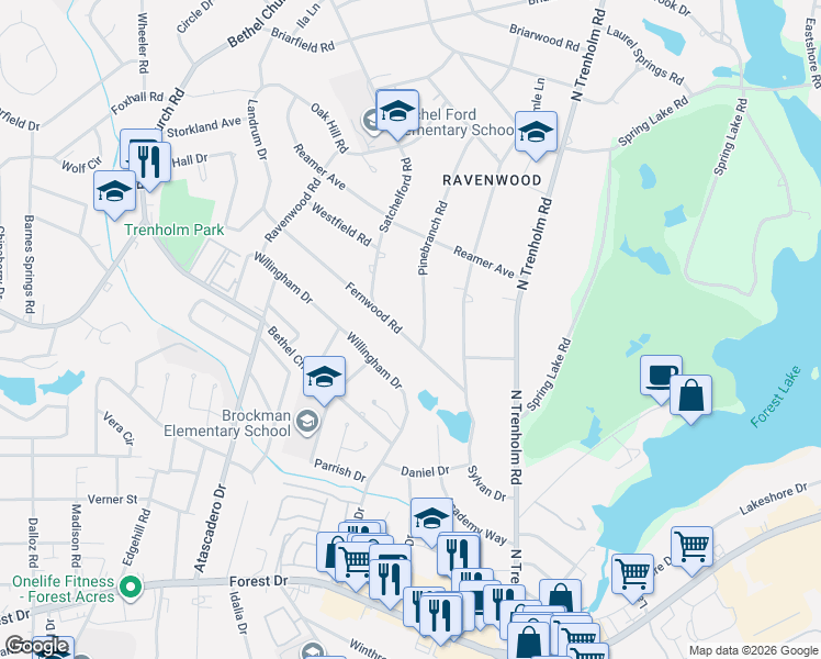 map of restaurants, bars, coffee shops, grocery stores, and more near 4612 Fernwood Road in Columbia