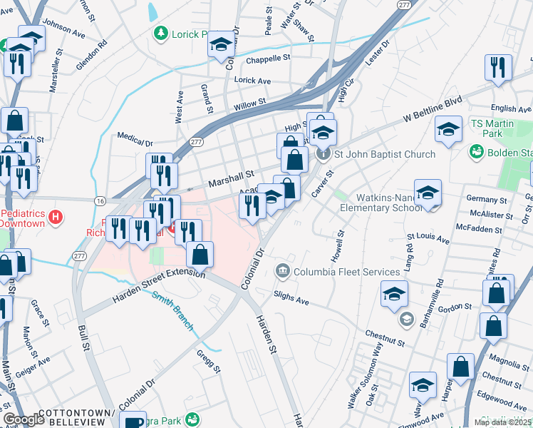 map of restaurants, bars, coffee shops, grocery stores, and more near 3100 Colonial Drive in Columbia