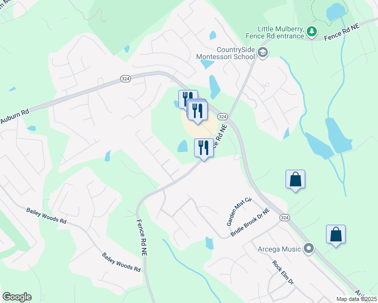 map of restaurants, bars, coffee shops, grocery stores, and more near 3380 Fence Road Northeast in Dacula