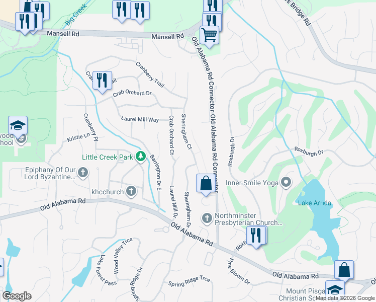 map of restaurants, bars, coffee shops, grocery stores, and more near 410 Sheringham Court in Roswell