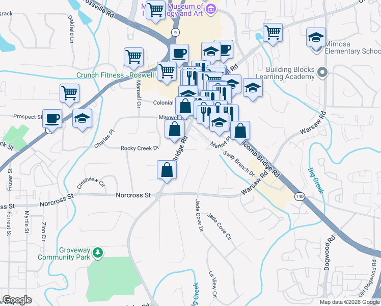 map of restaurants, bars, coffee shops, grocery stores, and more near 545 Grimes Place in Roswell