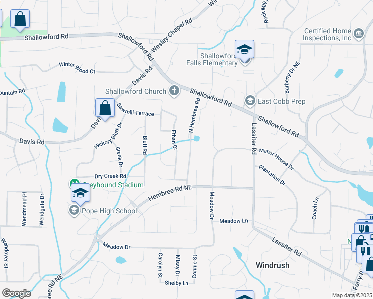 map of restaurants, bars, coffee shops, grocery stores, and more near 3189 North Hembree Road in Marietta